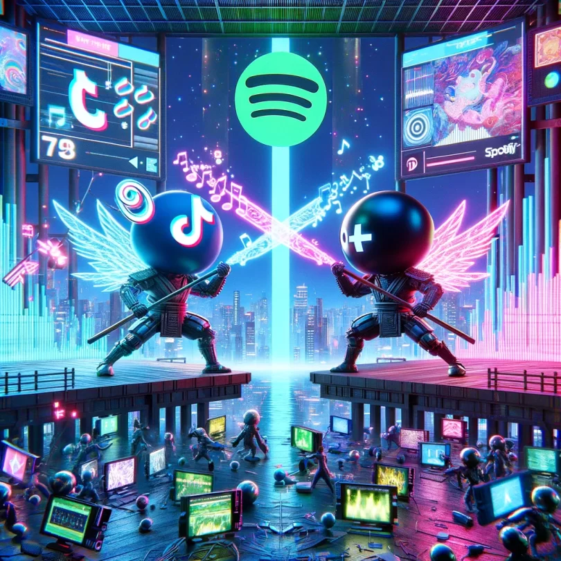 Dueling mascots of TikTok and Spotify engaged in an epic battle in a futuristic digital arena, with neon lights and digital elements as weapons.