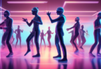Digital illustration of hawk-eyed netizens examining detailed dance moves, illustrating similarities between ILLIT, NewJeans, and LE SSERAFIM's choreographies on a futuristic, holographic display.