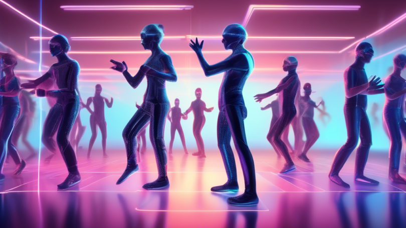 Digital illustration of hawk-eyed netizens examining detailed dance moves, illustrating similarities between ILLIT, NewJeans, and LE SSERAFIM's choreographies on a futuristic, holographic display.