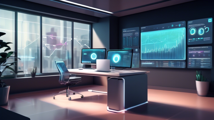 Detailed illustration of a futuristic analytics dashboard displaying daily cohort revenue projections with the ProPush feature highlighted, set in a sleek, modern office environment.