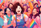 An illustration of a former K-pop idol surrounded by a colorful, supportive crowd of diverse young women and members of the LGBTQ+ community, all smiling and cheering, set against a backdrop of iconic world tour destinations.