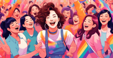 An illustration of a former K-pop idol surrounded by a colorful, supportive crowd of diverse young women and members of the LGBTQ+ community, all smiling and cheering, set against a backdrop of iconic world tour destinations.