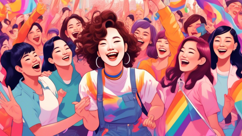 An illustration of a former K-pop idol surrounded by a colorful, supportive crowd of diverse young women and members of the LGBTQ+ community, all smiling and cheering, set against a backdrop of iconic world tour destinations.