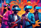 A vibrant and dynamic depiction of musicians and marketers collaborating to explore and utilize unconventional music marketing platforms, such as virtual reality, social media influencers, and interac