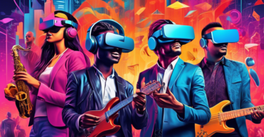 A vibrant and dynamic depiction of musicians and marketers collaborating to explore and utilize unconventional music marketing platforms, such as virtual reality, social media influencers, and interac