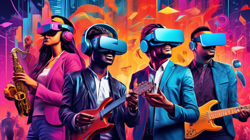 A vibrant and dynamic depiction of musicians and marketers collaborating to explore and utilize unconventional music marketing platforms, such as virtual reality, social media influencers, and interac