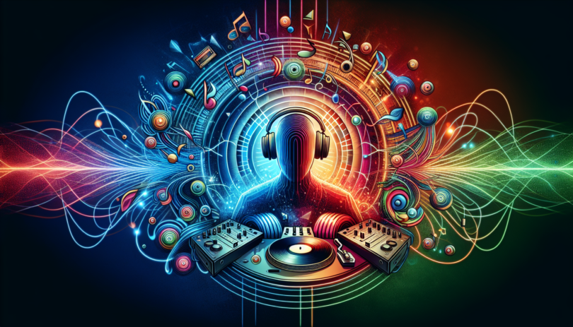 Create a vibrant and modern illustration symbolizing the influence of a generic DJ on the evolution of Progressive House and Swedish Trance Fusion music genres. The design could incorporate elements such as a mixing table, vinyl records, headphones, abstract sound waves, and colorful light effects to depict the energy and atmosphere of these music styles. No text should be included in the image.