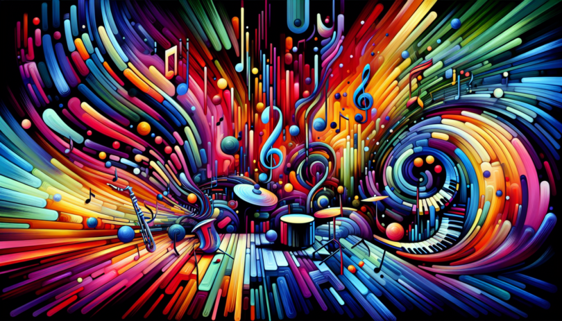 An abstract representation of the fusion of trap vibes and jazz jams in electronic music. The image should depict colorful beats, pulsating rhythms, and swirling melodies coming together. The scene is filled with bright, modern colors embodying the essence of the electronic, jazz, and trap genres. It's creative, bold, and captures the dynamic nature of these music styles. No text or words are required, let the colors and shapes express the melody and rhythm.