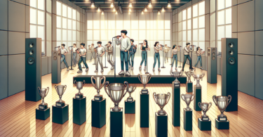 Depict a generic scene representing the legacy of a popular South Korean music entertainment company. Show a variety of singers and dancers, practicing in a polished, modern training studio, with various silverware trophies lined up showcasing their accomplishments over the years. Each person is diligently practicing, exhibiting their passion for the music industry. Include male and female artists of Korean descent, each showcasing their individual talents, further strengthening the ensemble's dynamics.