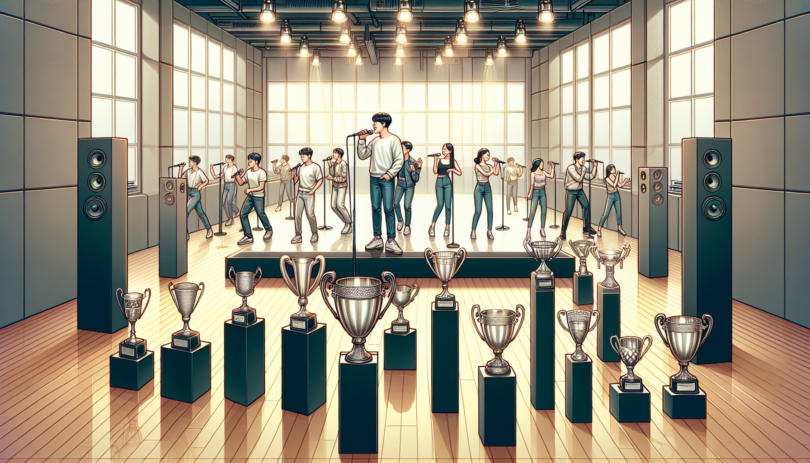 Depict a generic scene representing the legacy of a popular South Korean music entertainment company. Show a variety of singers and dancers, practicing in a polished, modern training studio, with various silverware trophies lined up showcasing their accomplishments over the years. Each person is diligently practicing, exhibiting their passion for the music industry. Include male and female artists of Korean descent, each showcasing their individual talents, further strengthening the ensemble's dynamics.