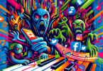 Depict a metaphorical representation of the perils associated with musicians and social media. The image should be vibrant, filled with modern technology symbols like smartphones, social media logos turned into ominous creatures, and music notes being affected by them. Also, illustrate abstract forms of internet hazards like trolling or cyberbullying by turning them into monstrous figures. Graphic style should be colorful and contemporary.