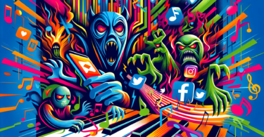 Depict a metaphorical representation of the perils associated with musicians and social media. The image should be vibrant, filled with modern technology symbols like smartphones, social media logos turned into ominous creatures, and music notes being affected by them. Also, illustrate abstract forms of internet hazards like trolling or cyberbullying by turning them into monstrous figures. Graphic style should be colorful and contemporary.