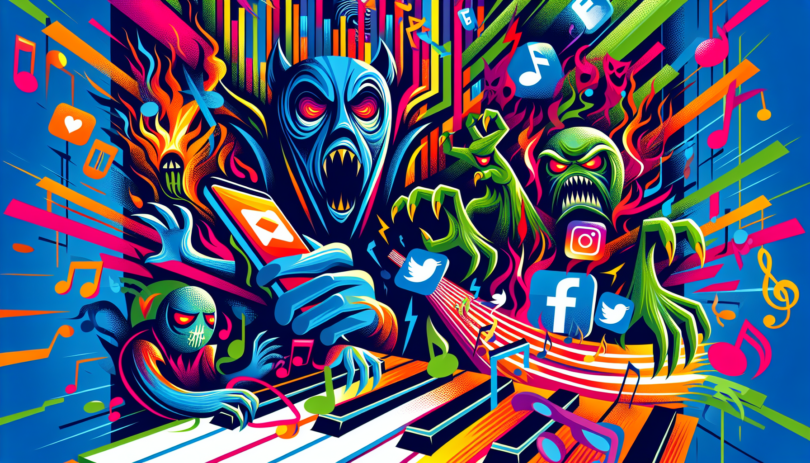 Depict a metaphorical representation of the perils associated with musicians and social media. The image should be vibrant, filled with modern technology symbols like smartphones, social media logos turned into ominous creatures, and music notes being affected by them. Also, illustrate abstract forms of internet hazards like trolling or cyberbullying by turning them into monstrous figures. Graphic style should be colorful and contemporary.