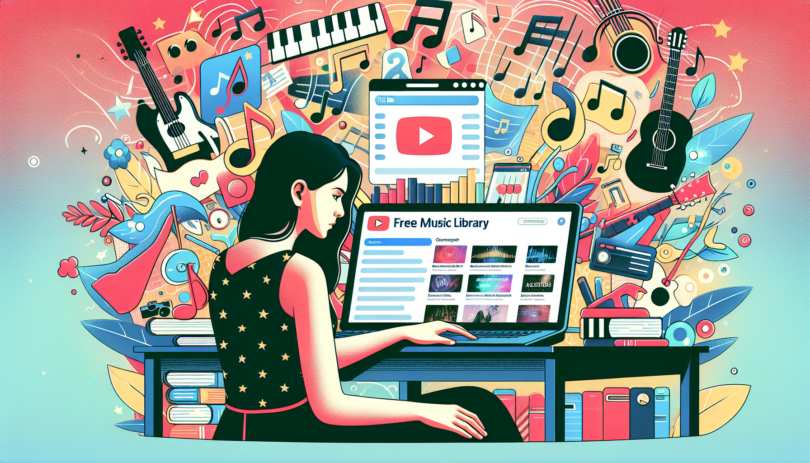 Create an image of a content creator at a laptop, browsing through the YouTube Free Music Library. The background should include various music-themed elements like notes, instruments, and soundwaves. The atmosphere should be creative and energetic, highlighting the excitement of discovering new music for videos.