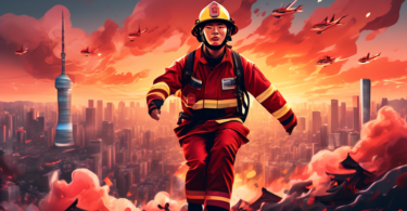 Digital art of a charismatic Korean fireman in a dynamic pose, surrounded by loving fans, with a backdrop of futuristic Seoul skyline at sunset.