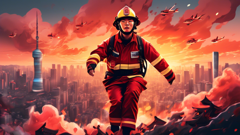 Digital art of a charismatic Korean fireman in a dynamic pose, surrounded by loving fans, with a backdrop of futuristic Seoul skyline at sunset.