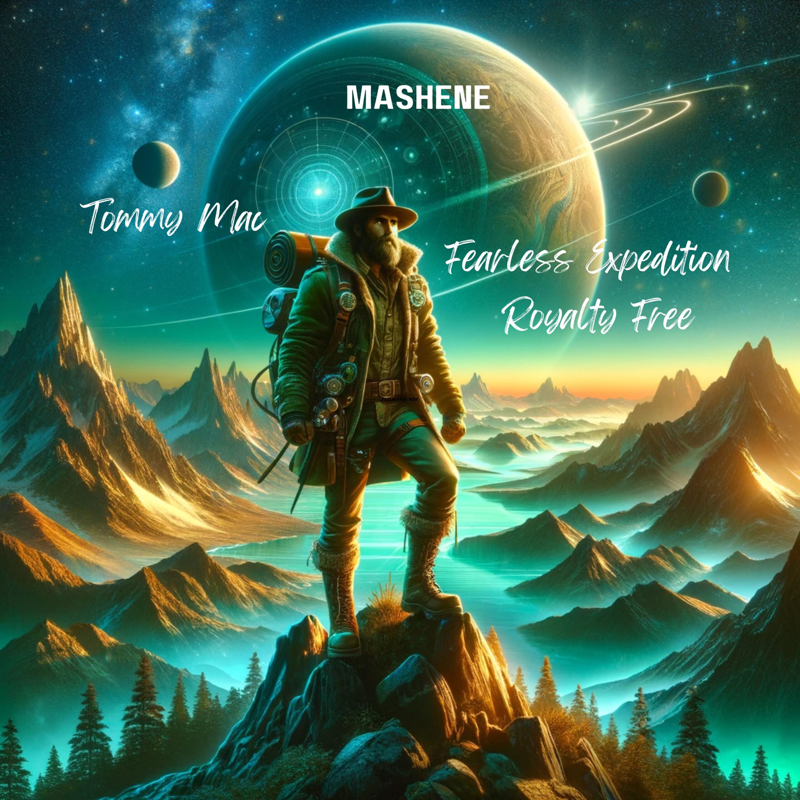 Alt Text: "Album "Fearless Expedition" cover depicting an explorer (producer, composer: Tommy Mac, Las Vegas) in vintage gear standing on a mountain peak in the colorado rockies, overlooking an alien landscape depecting his artist name: MASHENE with luminescent waters under a starlit sky, proclaiming "Royalty Free Music"