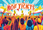 Colorful illustration of a diverse group of festival-goers cheerfully waving tickets in the air at a vibrant music festival, with banners rejecting accusations overhead in a sunny, crowded festival se