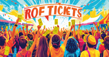 Colorful illustration of a diverse group of festival-goers cheerfully waving tickets in the air at a vibrant music festival, with banners rejecting accusations overhead in a sunny, crowded festival se