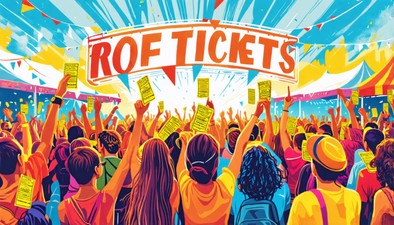 Colorful illustration of a diverse group of festival-goers cheerfully waving tickets in the air at a vibrant music festival, with banners rejecting accusations overhead in a sunny, crowded festival se