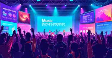 Vibrant illustration of diverse music tech innovators presenting futuristic gadgets on stage, with a cheering audience and colorful digital screens showcasing innovative music technologies, at the Mus