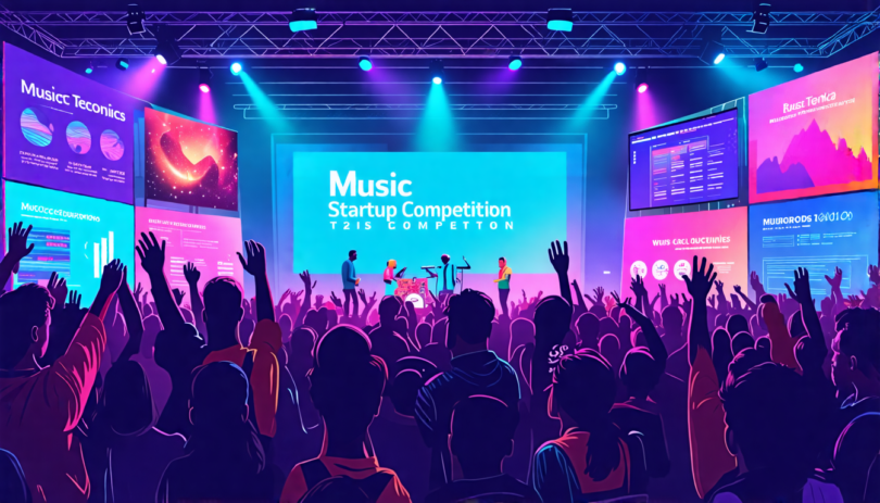 Vibrant illustration of diverse music tech innovators presenting futuristic gadgets on stage, with a cheering audience and colorful digital screens showcasing innovative music technologies, at the Mus