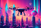 Create an image of a futuristic cityscape where AI-powered drones are busily crafting innovative and artistic structures, showcasing the impact of generative AI in shaping a visionary world of creativ