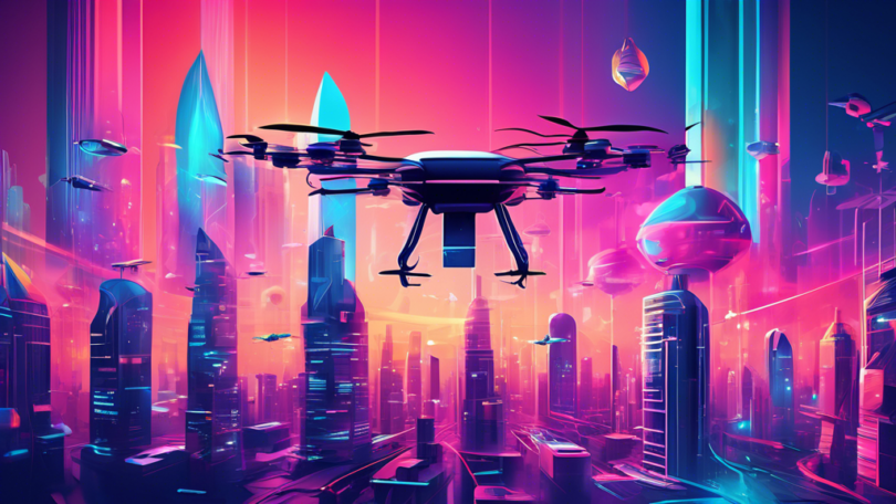 Create an image of a futuristic cityscape where AI-powered drones are busily crafting innovative and artistic structures, showcasing the impact of generative AI in shaping a visionary world of creativ