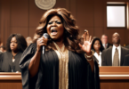 Create an image of singer Gloria Gaynor standing in a courtroom, looking determined and composed, holding a microphone. Behind her, a stern-looking judge in traditional robes observes, while a music p