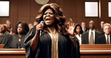 Create an image of singer Gloria Gaynor standing in a courtroom, looking determined and composed, holding a microphone. Behind her, a stern-looking judge in traditional robes observes, while a music p