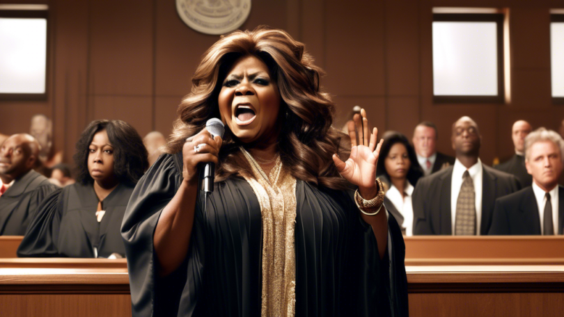 Create an image of singer Gloria Gaynor standing in a courtroom, looking determined and composed, holding a microphone. Behind her, a stern-looking judge in traditional robes observes, while a music p