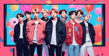 An illustration of BTS members reimagined as animated characters, standing in front of a TV screen displaying the title “Begins ≠ Youth”, with fans looking shocked at a giant price tag showing '$90' floating above in a dramatic, colorful K-drama style background.