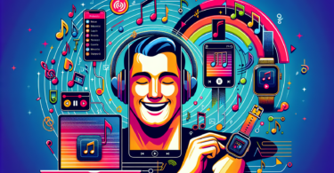 Create an image of a person happily using multiple Apple devices, including an iPhone, iPad, MacBook, and Apple Watch, all displaying the Apple Music app with the same playlist. Incorporate musical notes and synchronization symbols like arrows or wireless signals to emphasize the seamless syncing of music across devices.
