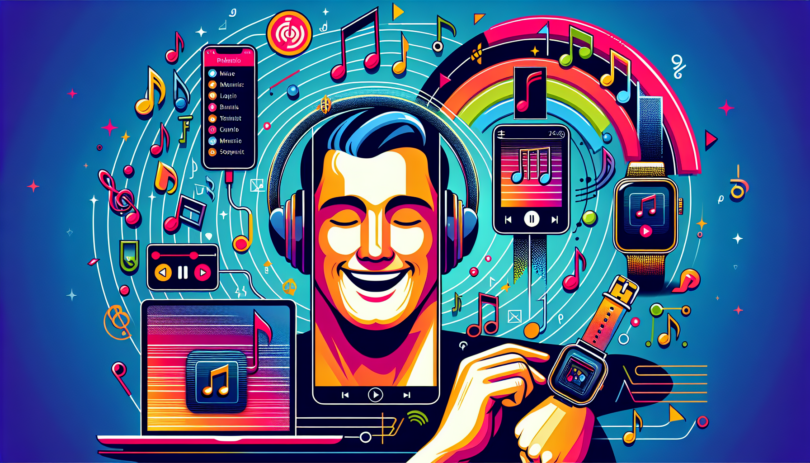Create an image of a person happily using multiple Apple devices, including an iPhone, iPad, MacBook, and Apple Watch, all displaying the Apple Music app with the same playlist. Incorporate musical notes and synchronization symbols like arrows or wireless signals to emphasize the seamless syncing of music across devices.