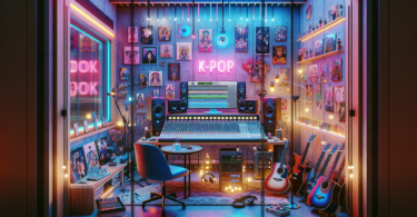Imagine the modern, eclectic workspace of a K-Pop music producer. Arrayed before you should be a high-tech recording setup, complete with mixing boards, computer screens displaying music-editing software, and high-quality microphones. The atmosphere is vibrant and contemporary, tinged with bright, bold colors reflecting the genre's energetic style. Decorations of albums and CDs from various artists are visible. There is a glass window showcasing the recording booth, where an acoustic guitar and microphone stand are visible. Neon lights are giving the room ambience, located strategically around the room, bouncing their reflections around the room in a whimsical display of colors.