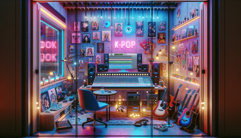 Imagine the modern, eclectic workspace of a K-Pop music producer. Arrayed before you should be a high-tech recording setup, complete with mixing boards, computer screens displaying music-editing software, and high-quality microphones. The atmosphere is vibrant and contemporary, tinged with bright, bold colors reflecting the genre's energetic style. Decorations of albums and CDs from various artists are visible. There is a glass window showcasing the recording booth, where an acoustic guitar and microphone stand are visible. Neon lights are giving the room ambience, located strategically around the room, bouncing their reflections around the room in a whimsical display of colors.
