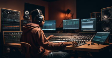 Create an image of a person sitting at a computer in a music studio, surrounded by musical instruments and recording equipment, with various software open on the screen. The person is wearing headphones, adjusting knobs on a soundboard, and looking focused yet excited to start their journey into music production. Showcase an inspiring and welcoming atmosphere that conveys the beginning of a new creative endeavor.