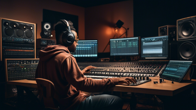 Create an image of a person sitting at a computer in a music studio, surrounded by musical instruments and recording equipment, with various software open on the screen. The person is wearing headphones, adjusting knobs on a soundboard, and looking focused yet excited to start their journey into music production. Showcase an inspiring and welcoming atmosphere that conveys the beginning of a new creative endeavor.