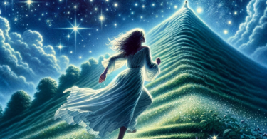 "Imaginative illustration of Kate Bush in a flowing dress, ascending a steep hill under a starry night sky with celestial glows."