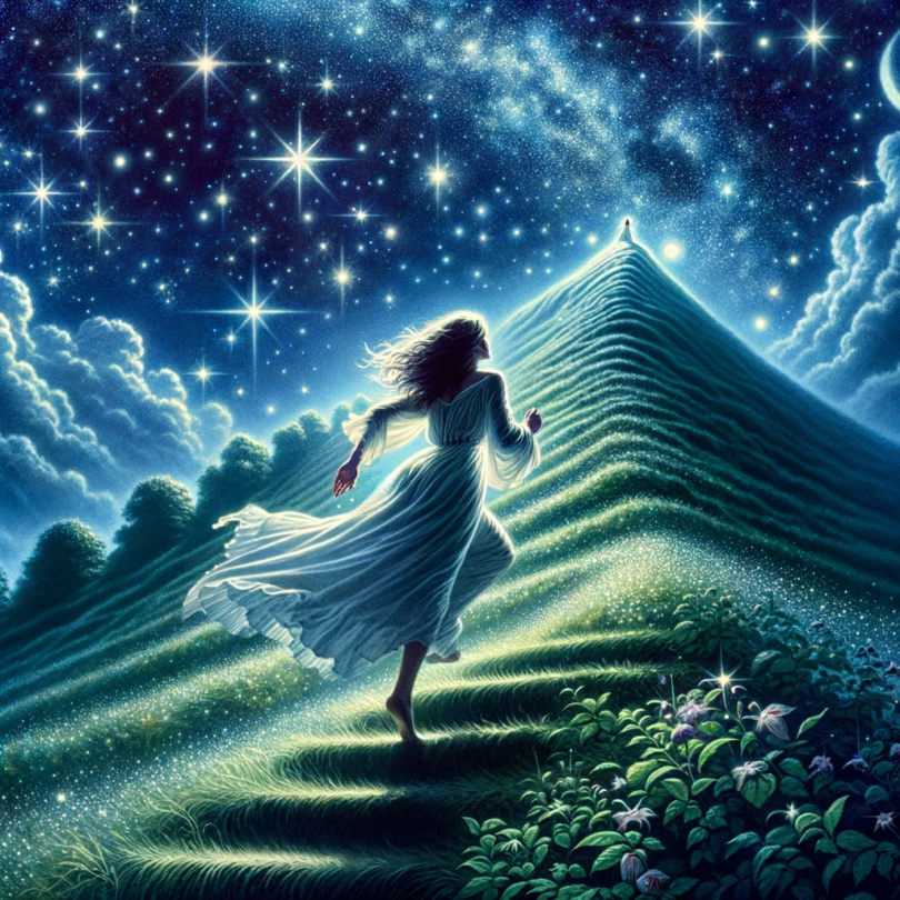 "Imaginative illustration of Kate Bush in a flowing dress, ascending a steep hill under a starry night sky with celestial glows."
