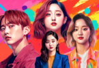 Digital painting of Jihyo from TWICE standing between stylized portraits of Yun Sung Bin and her ex-boyfriend, against a colorful, abstract background symbolizing comparison and contrast.