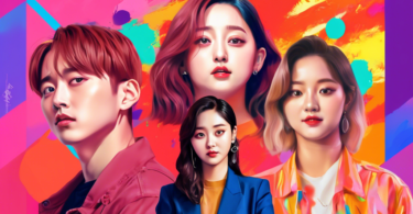Digital painting of Jihyo from TWICE standing between stylized portraits of Yun Sung Bin and her ex-boyfriend, against a colorful, abstract background symbolizing comparison and contrast.