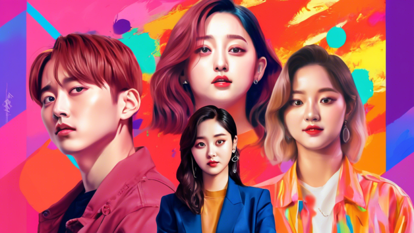 Digital painting of Jihyo from TWICE standing between stylized portraits of Yun Sung Bin and her ex-boyfriend, against a colorful, abstract background symbolizing comparison and contrast.