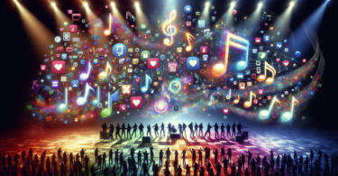 An abstract representation of the latest changes in the Korean pop music industry. Include scenes suggesting new music releases shown as vibrant, glowing music notes floating in the air, as well as indications of vibrant fan cultures, such as fanlight icons and hearts. Also, depict a diverse group of musicians on a grand stage performing a dance routine. Add equal representation of male and female performers from a mix of descents including Hispanic, Middle-Eastern, South Asian, White, Black, and Caucasian.
