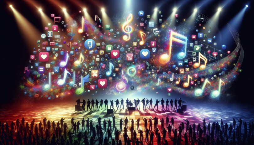 An abstract representation of the latest changes in the Korean pop music industry. Include scenes suggesting new music releases shown as vibrant, glowing music notes floating in the air, as well as indications of vibrant fan cultures, such as fanlight icons and hearts. Also, depict a diverse group of musicians on a grand stage performing a dance routine. Add equal representation of male and female performers from a mix of descents including Hispanic, Middle-Eastern, South Asian, White, Black, and Caucasian.