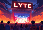 An illustration showing a concert venue with a giant billboard displaying the name 'Lyte.' In the foreground, a group of animated concert promoters secretly exchanging tickets among themselves, while