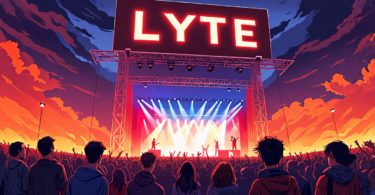 An illustration showing a concert venue with a giant billboard displaying the name 'Lyte.' In the foreground, a group of animated concert promoters secretly exchanging tickets among themselves, while