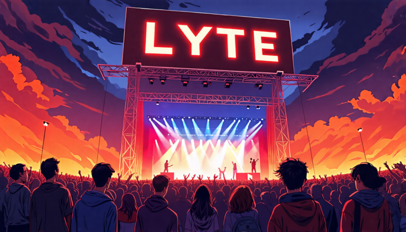 An illustration showing a concert venue with a giant billboard displaying the name 'Lyte.' In the foreground, a group of animated concert promoters secretly exchanging tickets among themselves, while