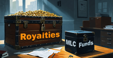 A detailed digital painting of a large, overflowing treasure chest labeled Royalties in a stark, empty office with a small, locked black box labeled MLC Funds on a desk, under a dim light, symbolizing