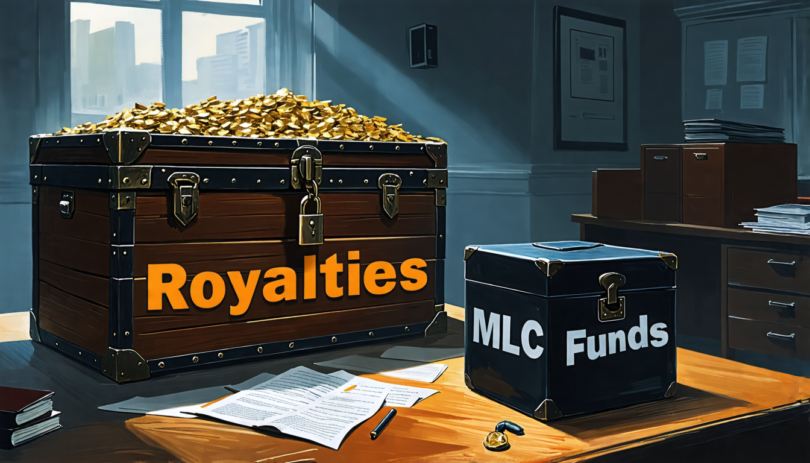 A detailed digital painting of a large, overflowing treasure chest labeled Royalties in a stark, empty office with a small, locked black box labeled MLC Funds on a desk, under a dim light, symbolizing